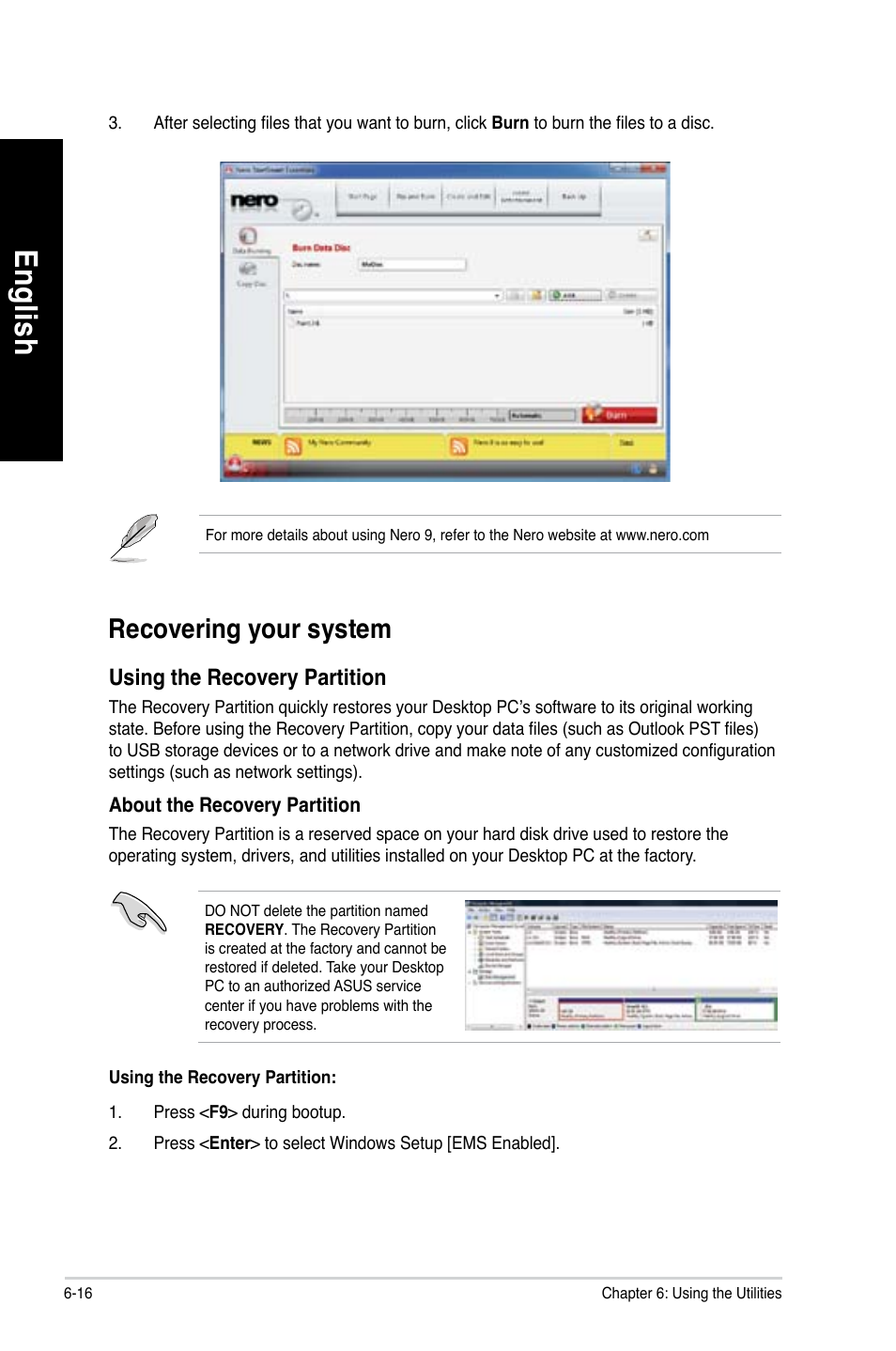 Recovering your system, Recovering your system -16, En glis h en gl is h en glis h en gl is h | Asus CM1630 User Manual | Page 72 / 246