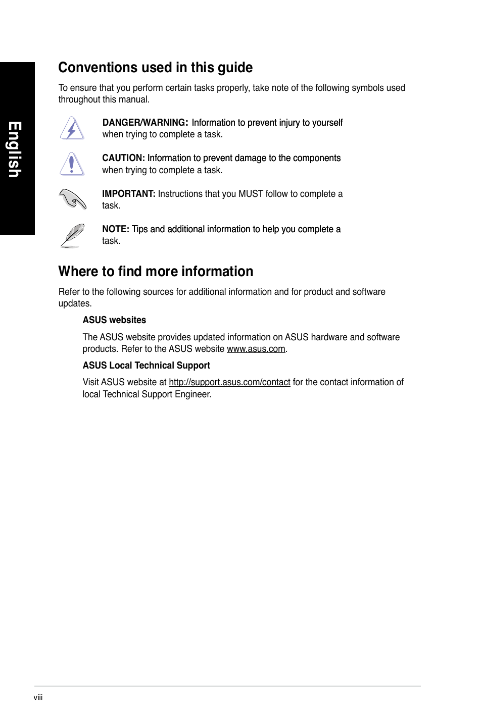 Conventions used in this guide, Where to find more information, En glis h en gl is h en glis h en gl is h | Asus CM1630 User Manual | Page 8 / 246