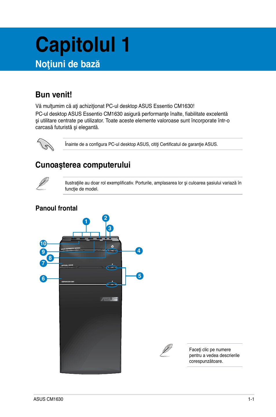 Capitolul 1, Noţiuni de bază, Cunoaşterea computerului | Bun venit | Asus CM1630 User Manual | Page 93 / 246