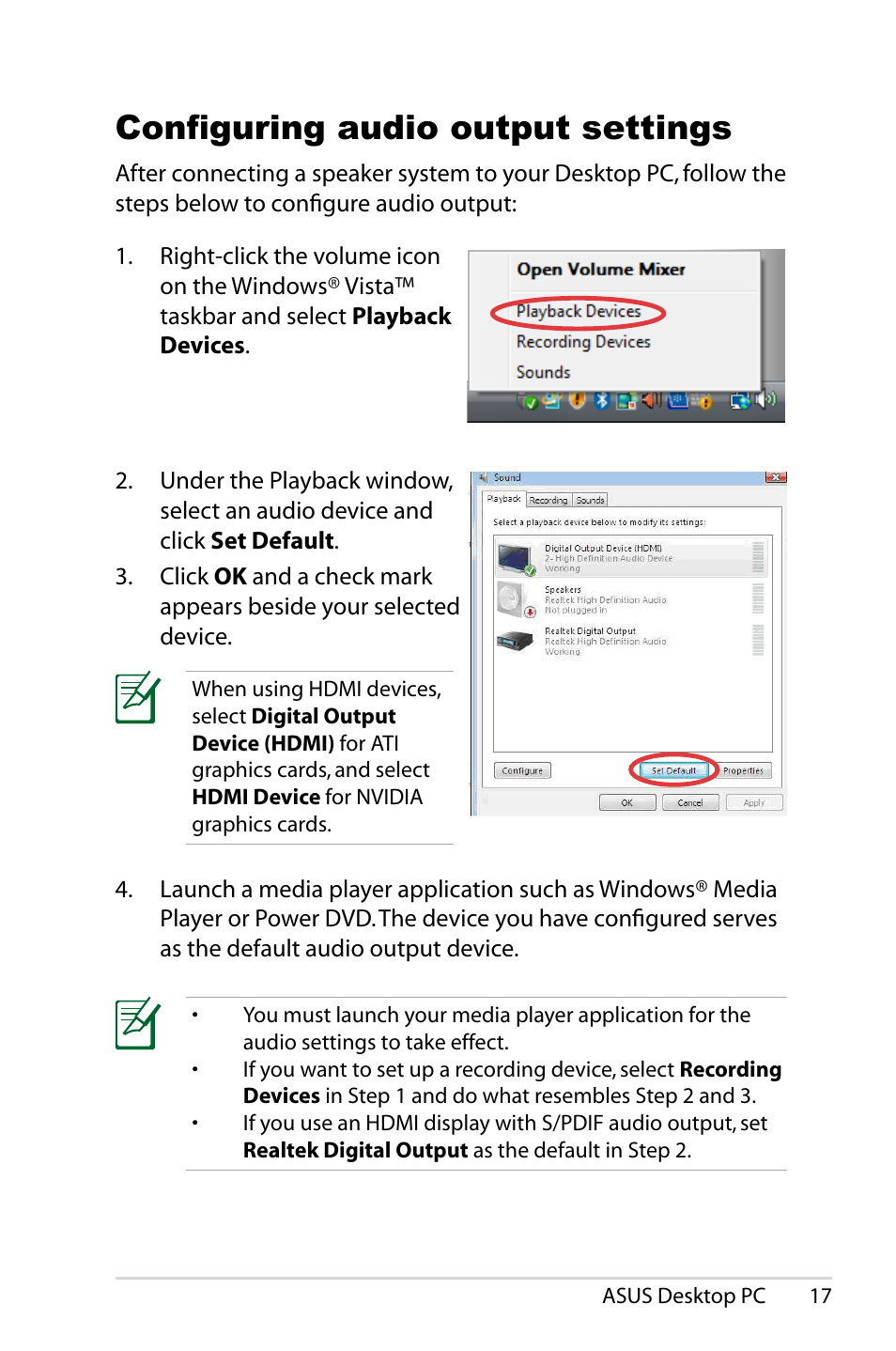 Configuring audio output settings | Asus CS5121 User Manual | Page 17 / 26