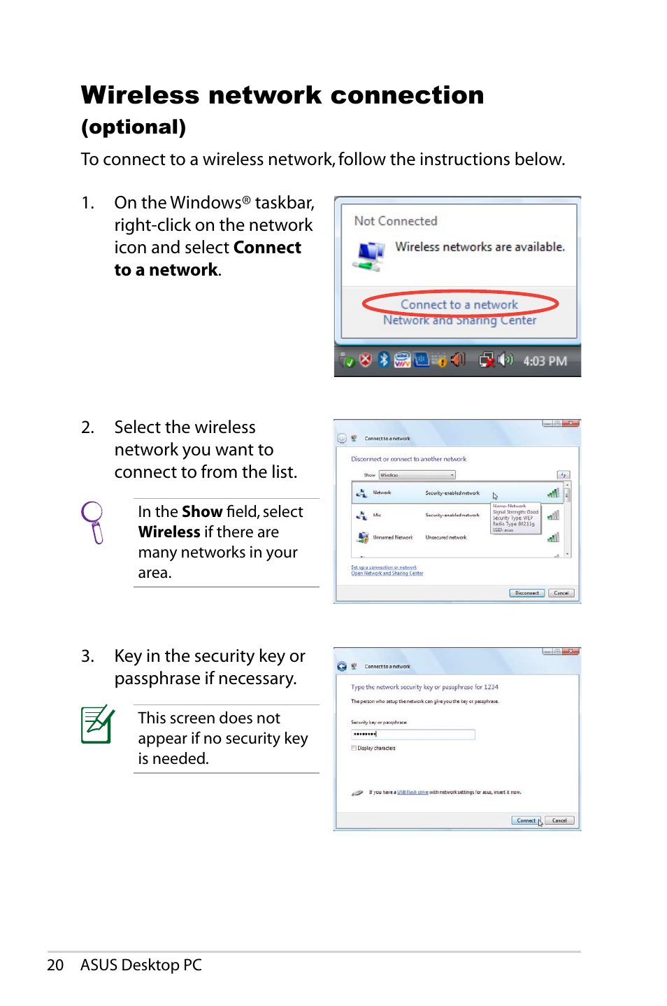 Wireless network connection (optional), Wireless network connection, Optional) | Asus CS5121 User Manual | Page 20 / 26