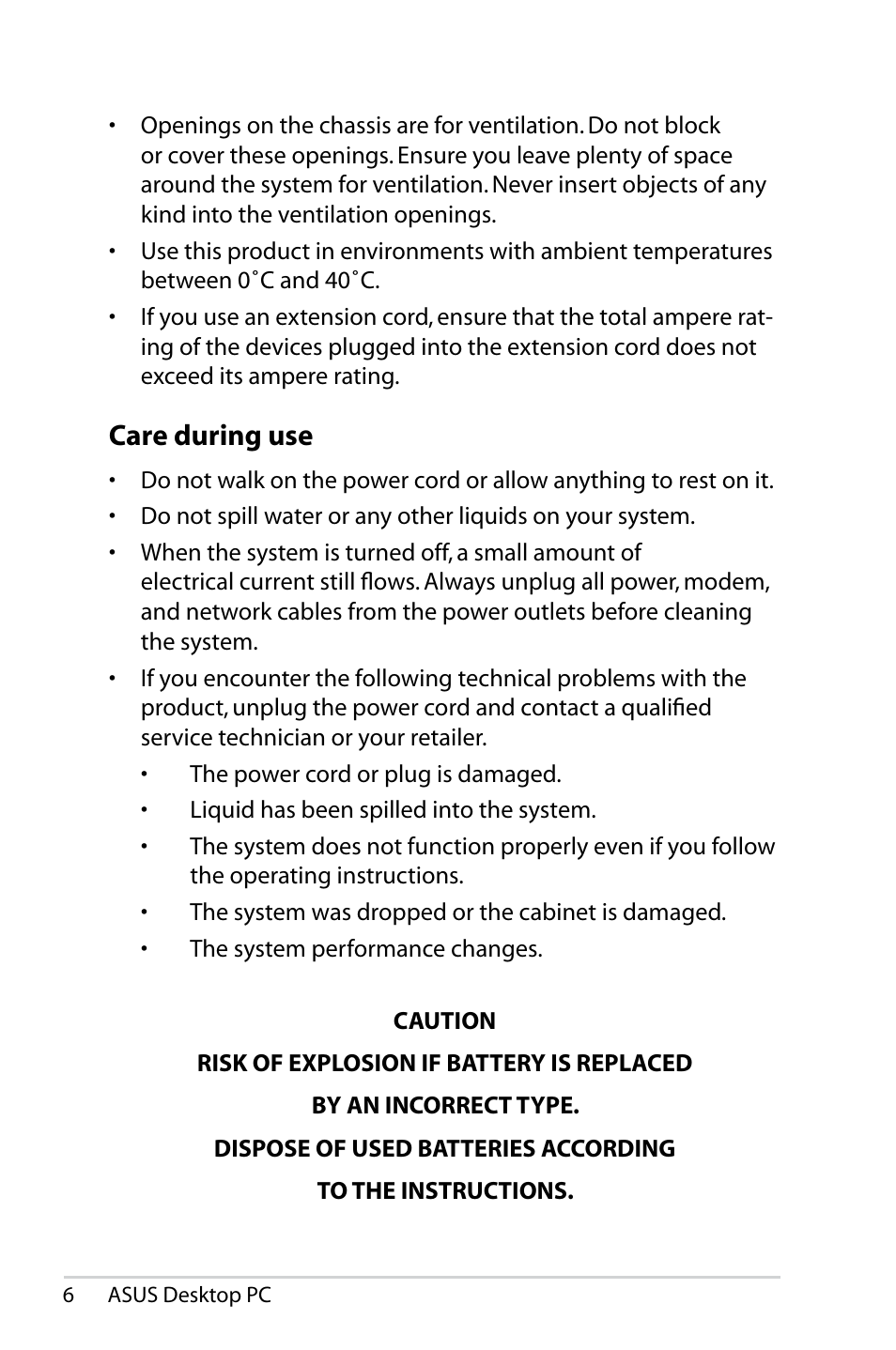 Safety information, Care during use | Asus CS5121 User Manual | Page 6 / 26