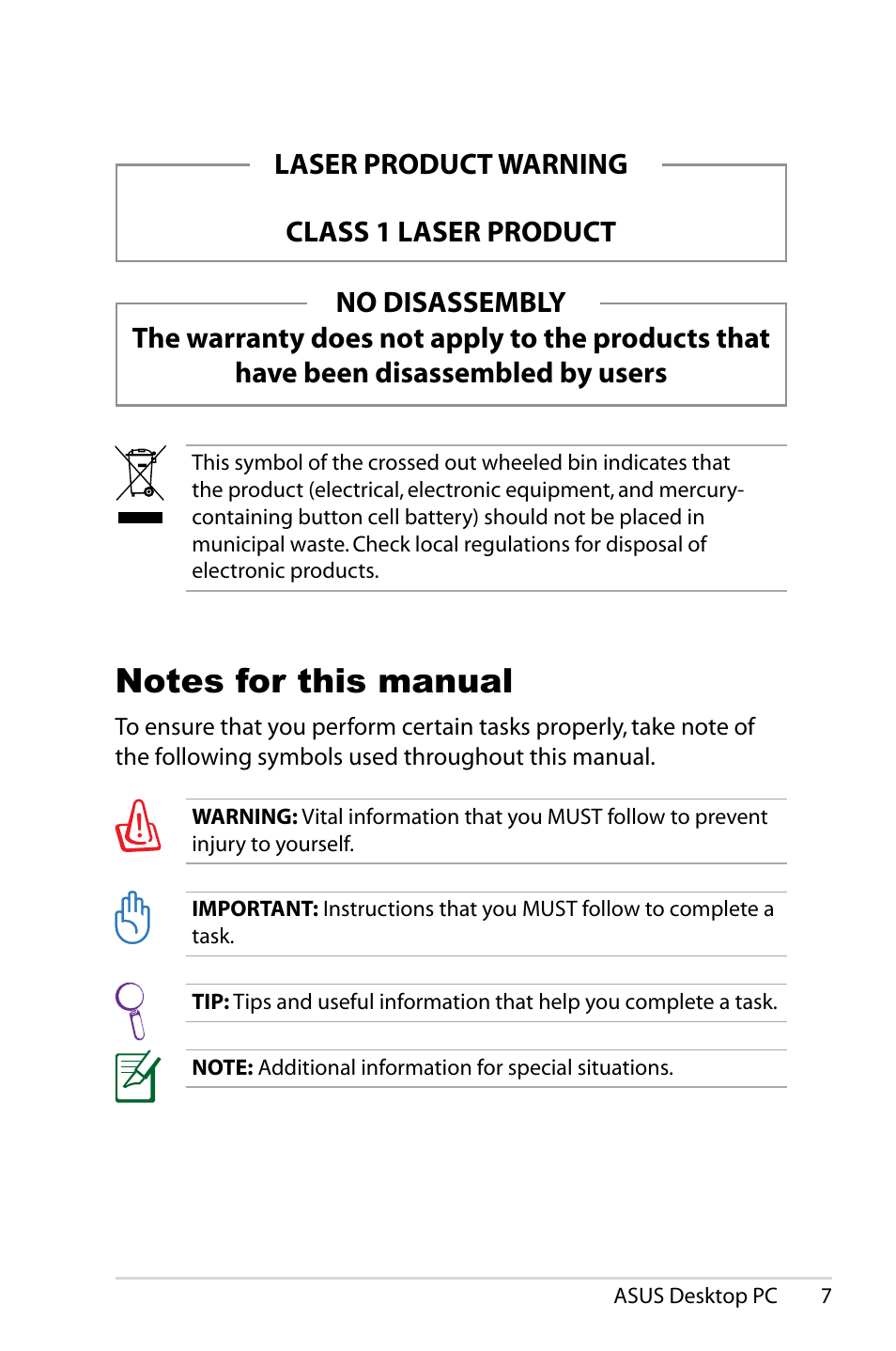 Notes for this manual | Asus CS5121 User Manual | Page 7 / 26