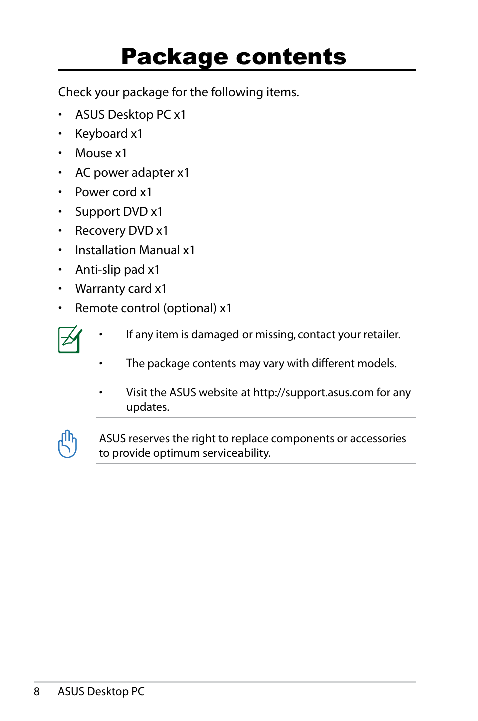 Package contents | Asus CS5121 User Manual | Page 8 / 26