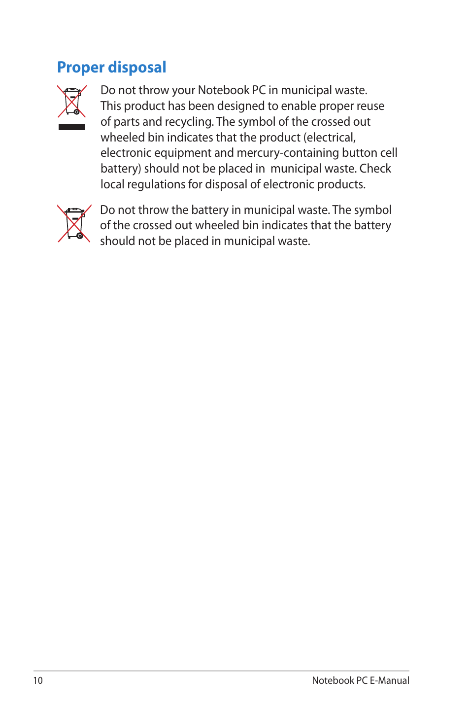 Proper disposal | Asus V550CM User Manual | Page 10 / 122