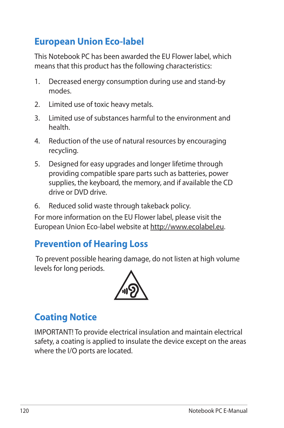 European union eco-label, Prevention of hearing loss, Coating notice | Asus V550CM User Manual | Page 120 / 122