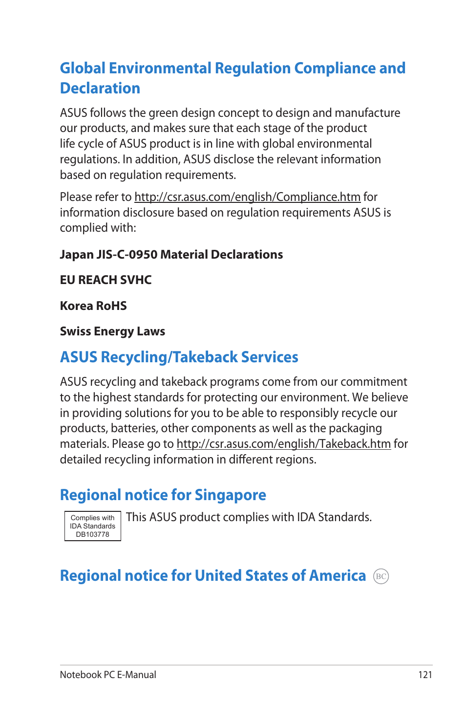 Asus recycling/takeback services, Regional notice for singapore, Regional notice for united states of america | Asus V550CM User Manual | Page 121 / 122