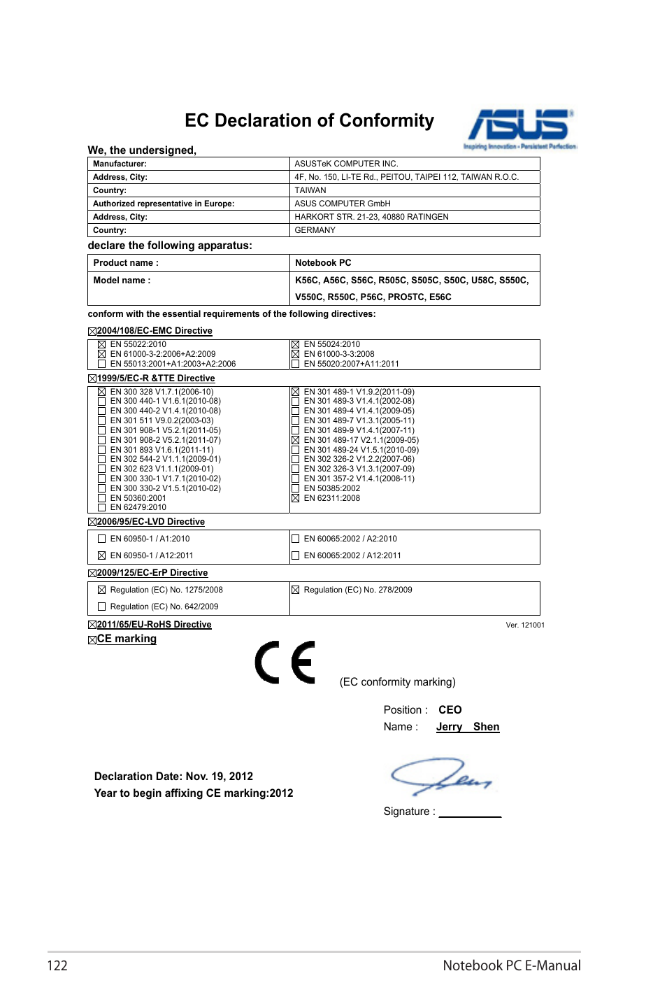 Ec declaration of conformity | Asus V550CM User Manual | Page 122 / 122