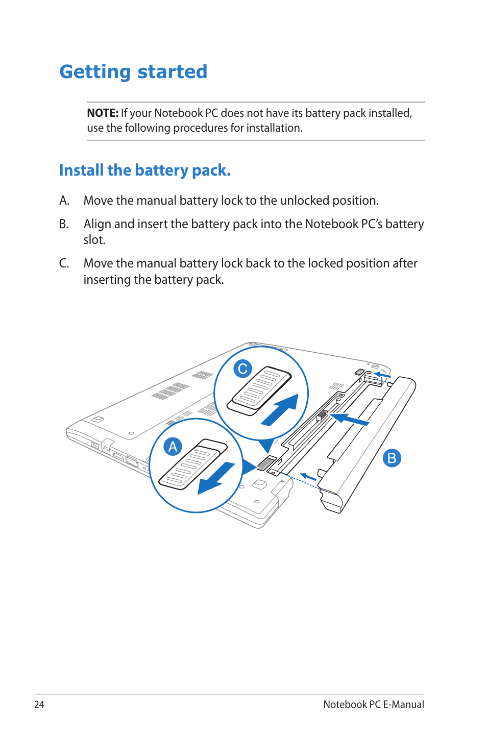 Getting started, Install the battery pack | Asus V550CM User Manual | Page 24 / 122