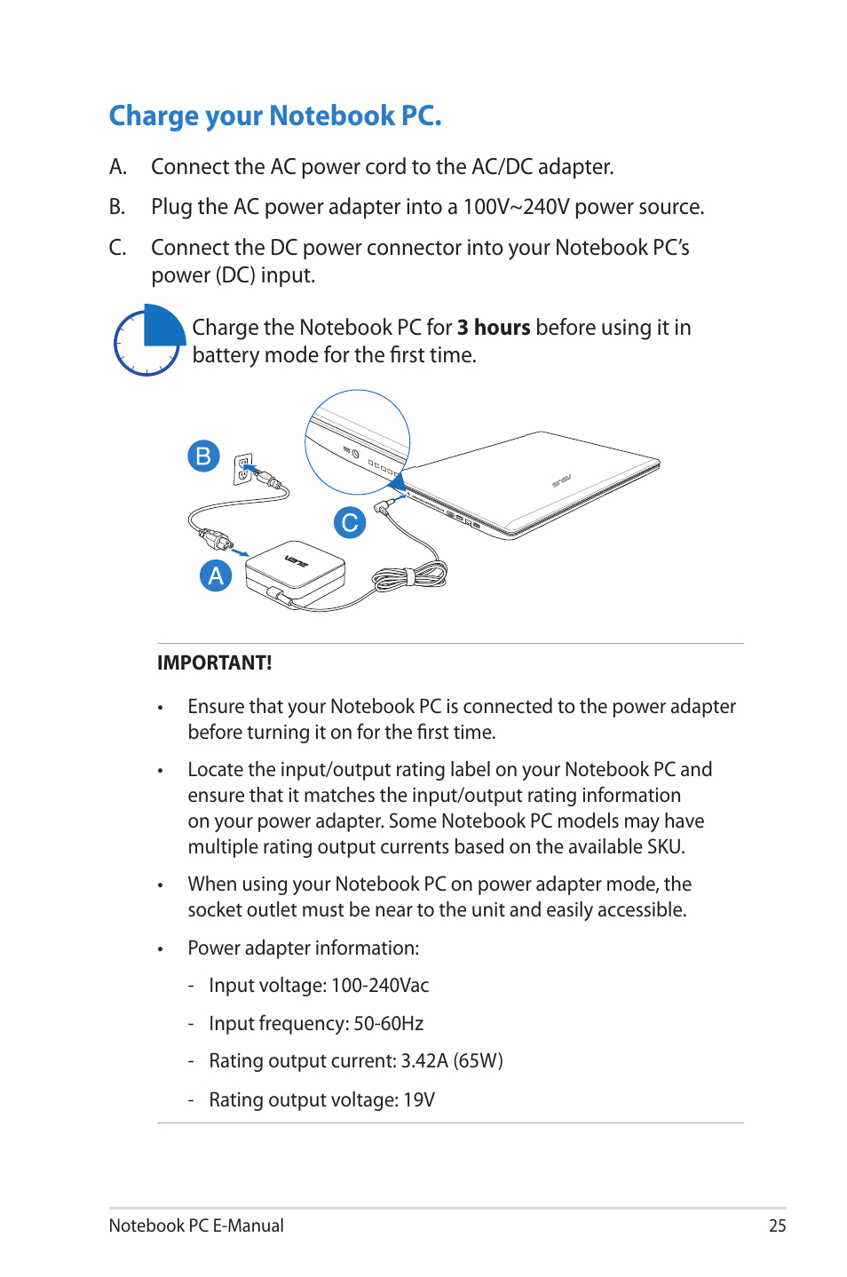 Charge your notebook pc | Asus V550CM User Manual | Page 25 / 122