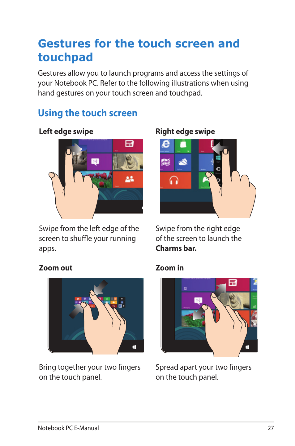 Gestures for the touch screen and touchpad, Using the touch screen | Asus V550CM User Manual | Page 27 / 122