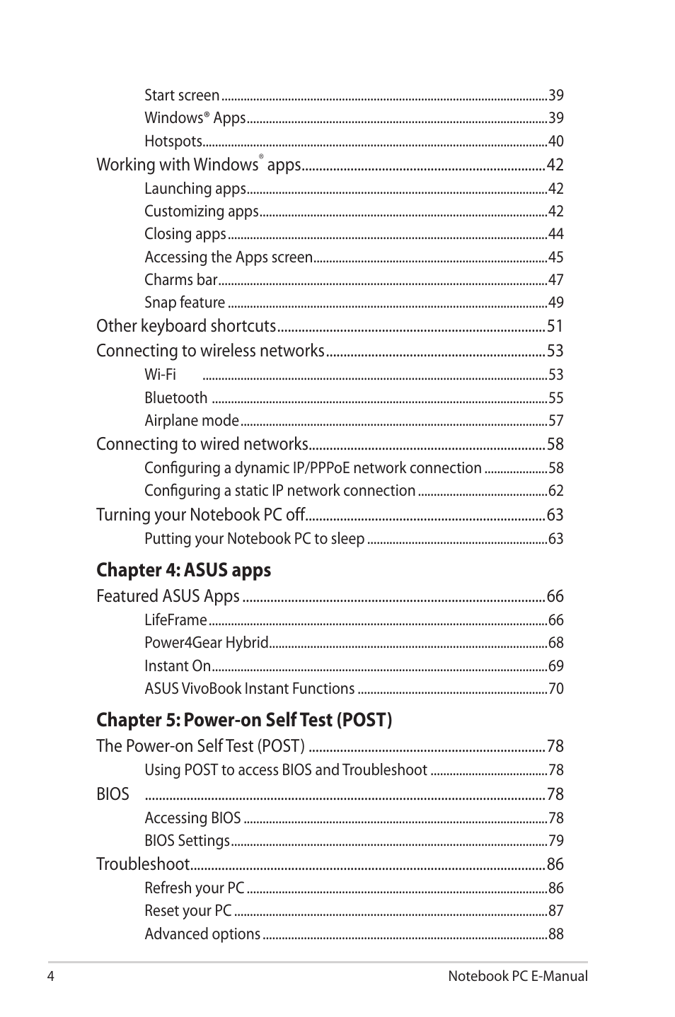 Chapter 4: asus apps, Chapter 5: power-on self test (post) | Asus V550CM User Manual | Page 4 / 122