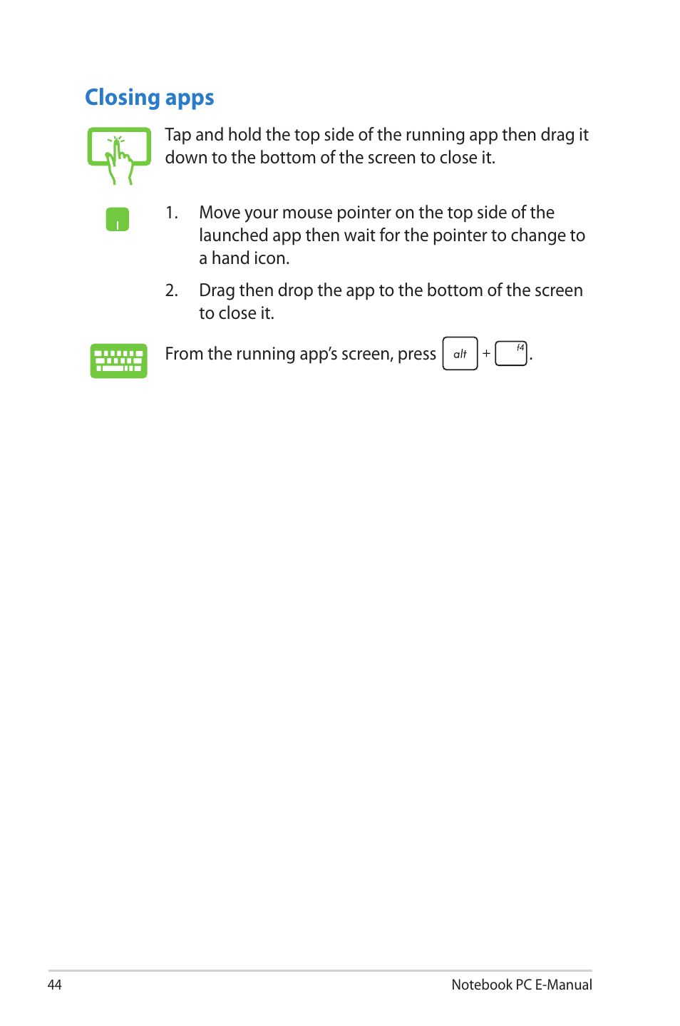 Closing apps | Asus V550CM User Manual | Page 44 / 122