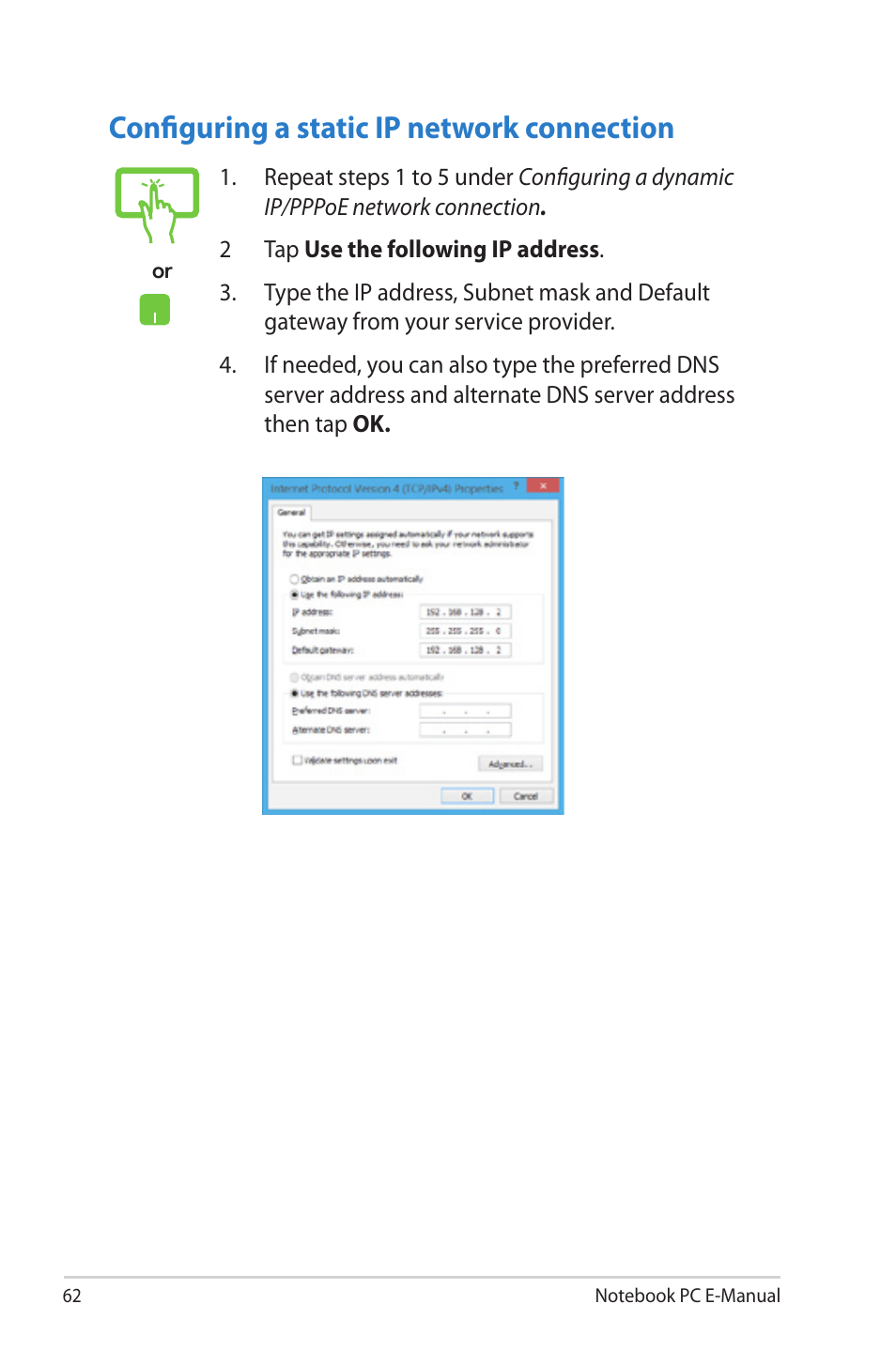 Configuring a static ip network connection | Asus V550CM User Manual | Page 62 / 122