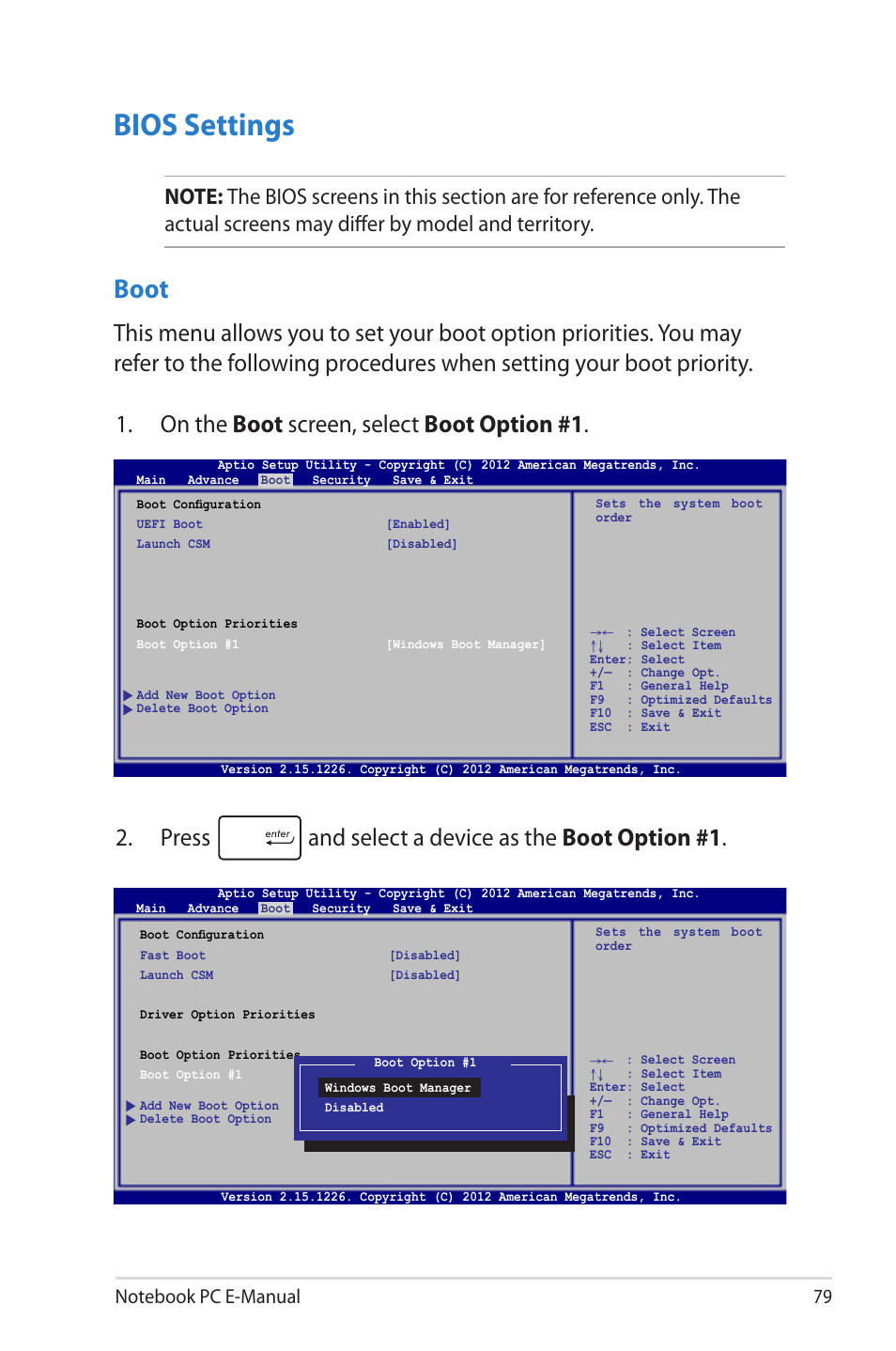 Bios settings, Boot | Asus V550CM User Manual | Page 79 / 122