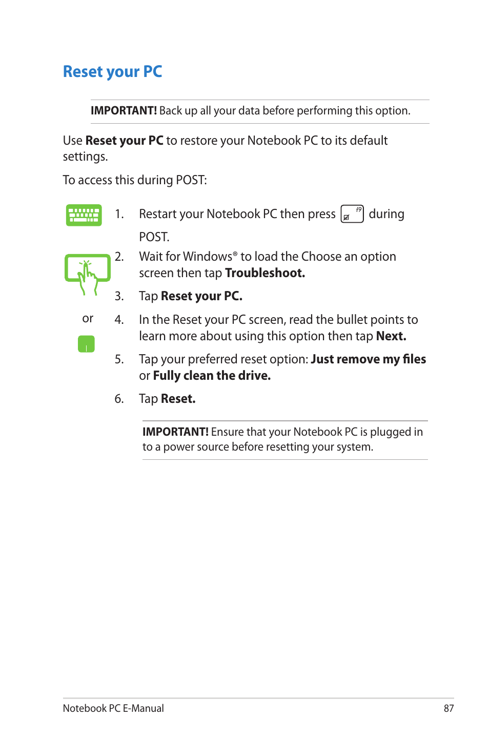 Reset your pc | Asus V550CM User Manual | Page 87 / 122