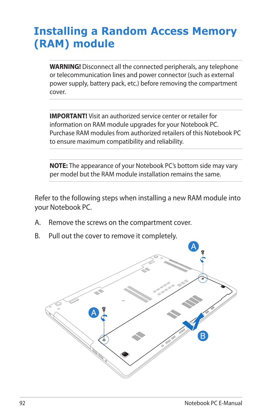 Installing a random access memory (ram) module | Asus V550CM User Manual | Page 92 / 122