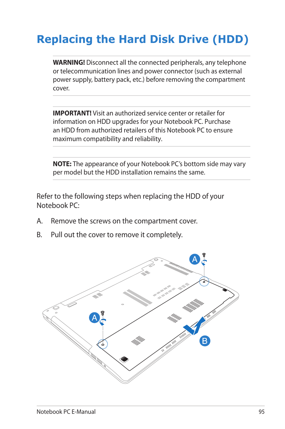 Replacing the hard disk drive (hdd) | Asus V550CM User Manual | Page 95 / 122