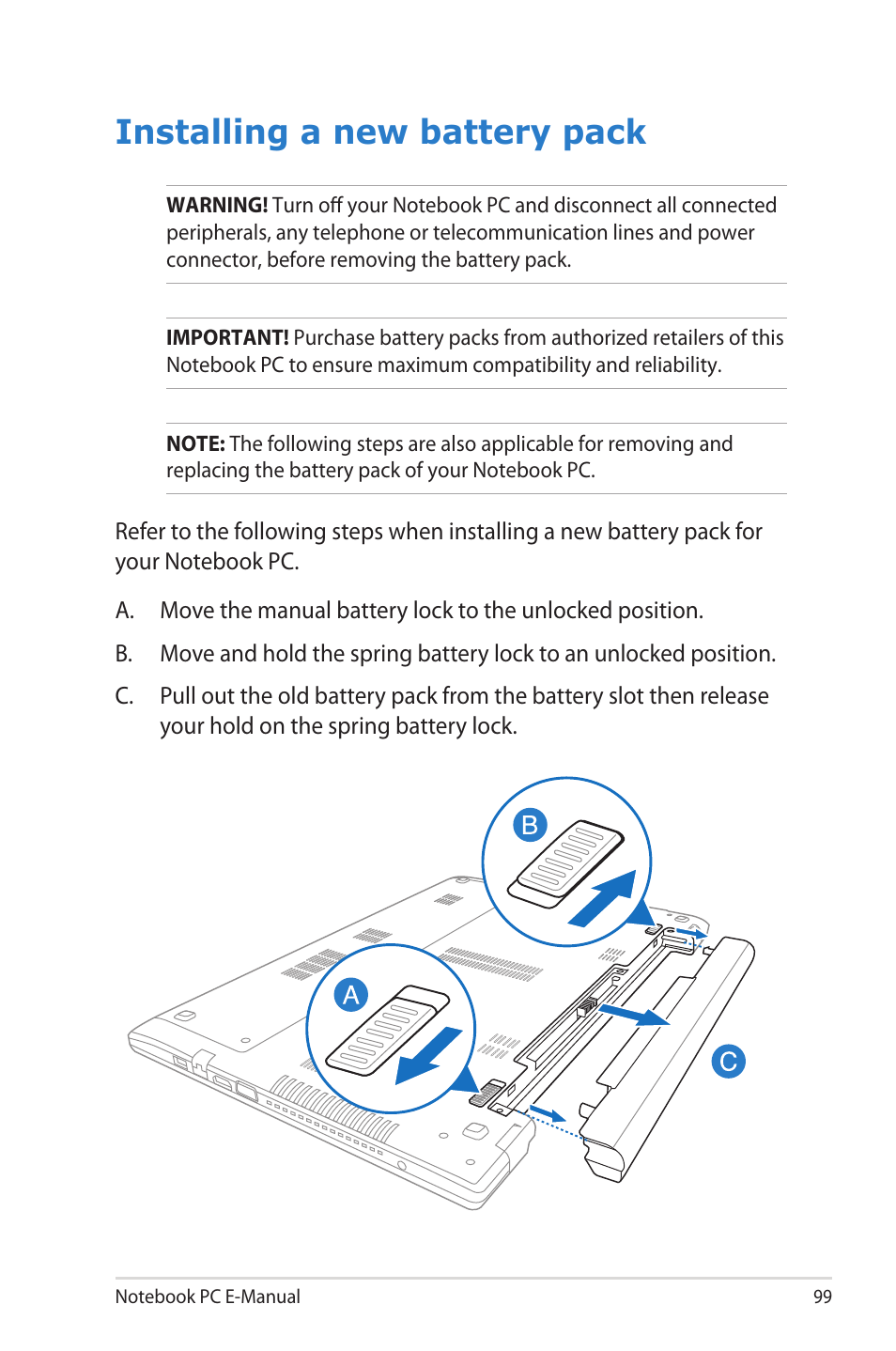 Installing a new battery pack | Asus V550CM User Manual | Page 99 / 122