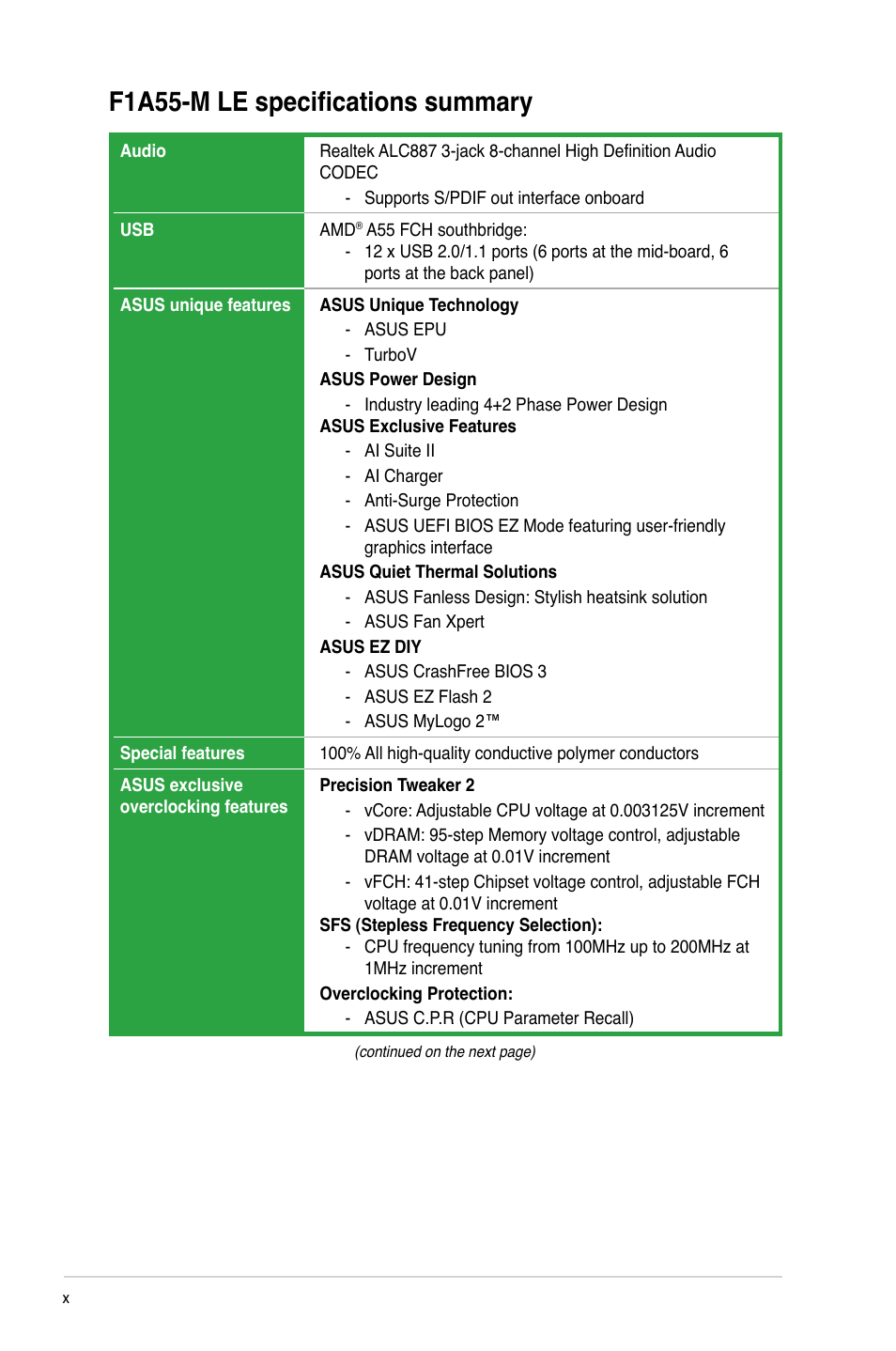 F1a55-m le specifications summary | Asus F1A55-M LE User Manual | Page 10 / 64