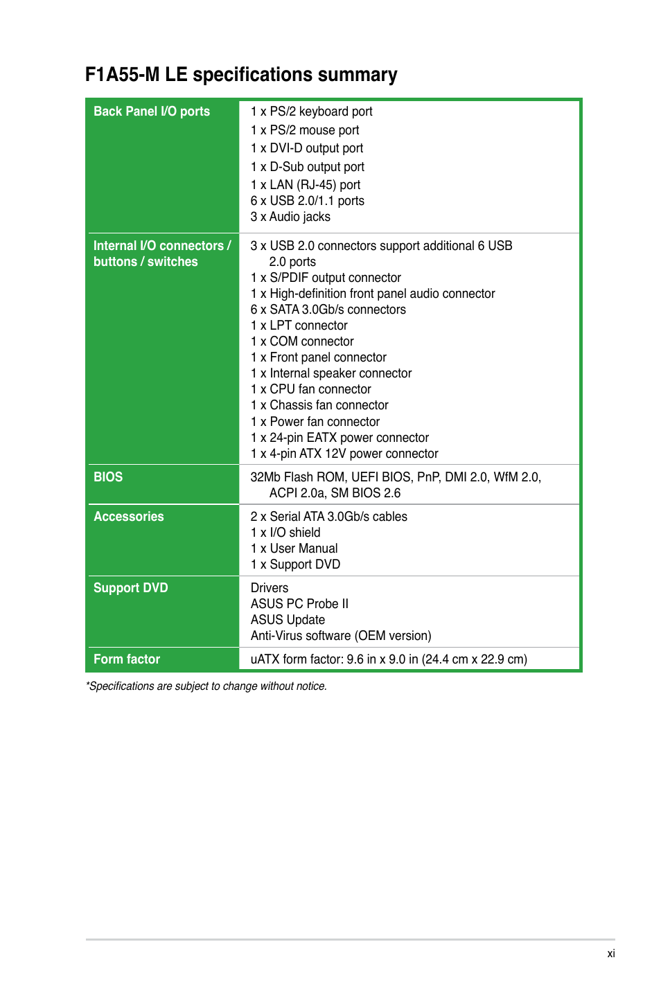 F1a55-m le specifications summary | Asus F1A55-M LE User Manual | Page 11 / 64