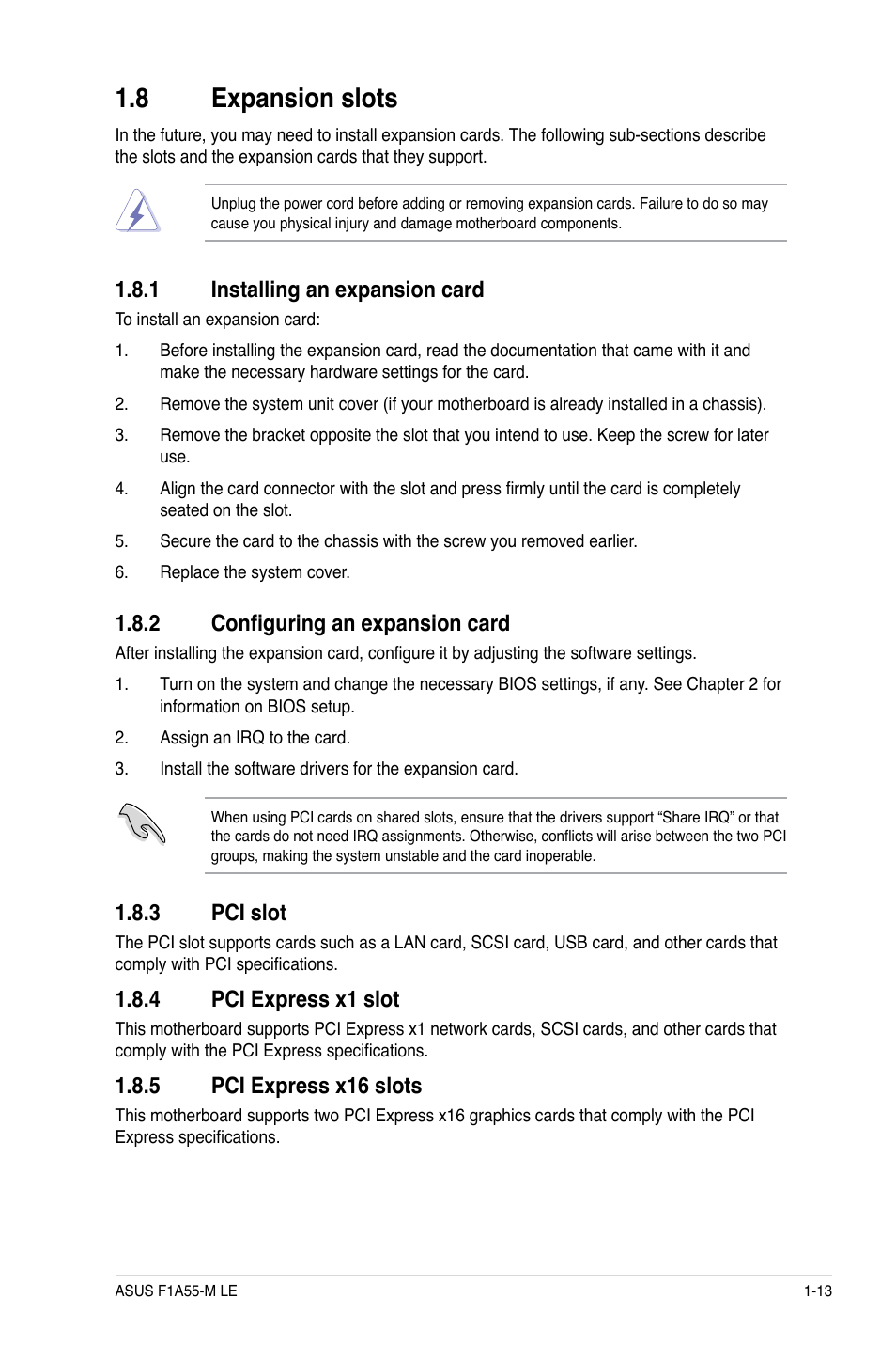 8 expansion slots, 1 installing an expansion card, 3 pci slot | 4 pci express x1 slot, 5 pci express x16 slots, 2 configuring an expansion card | Asus F1A55-M LE User Manual | Page 25 / 64