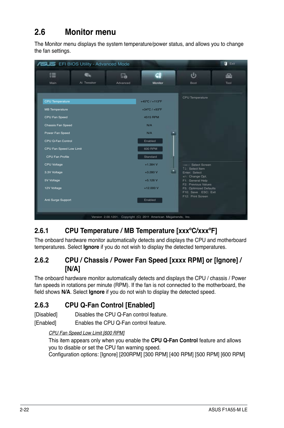 6 monitor menu, 1 cpu temperature / mb temperature [xxxºc/xxxºf, 3 cpu q-fan control [enabled | Cpu fan speed low limit [600 rpm | Asus F1A55-M LE User Manual | Page 56 / 64