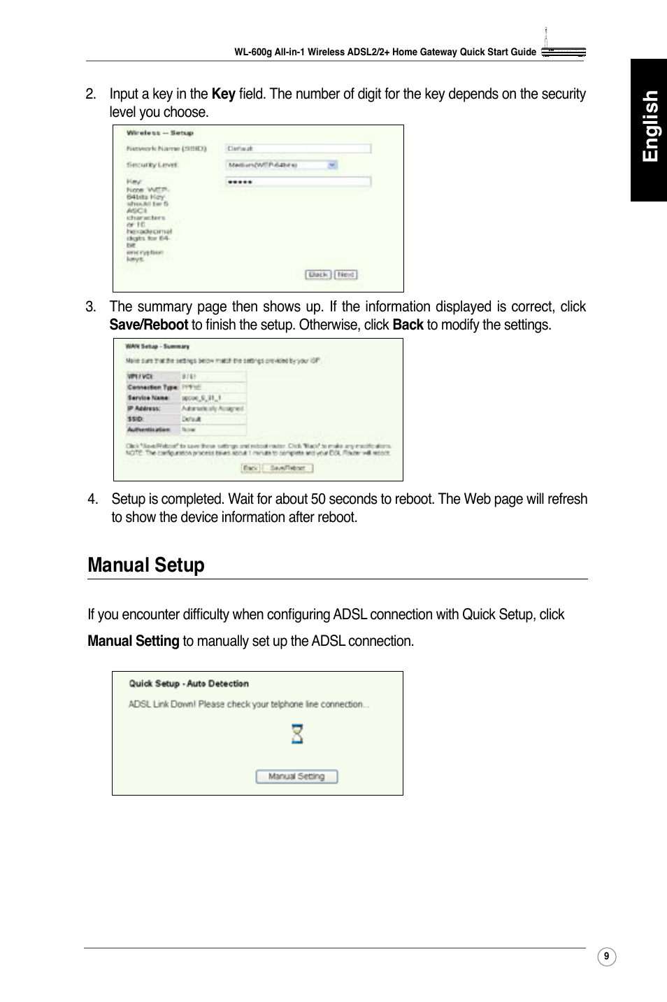 English, Manual setup | Asus WL-600g User Manual | Page 10 / 417