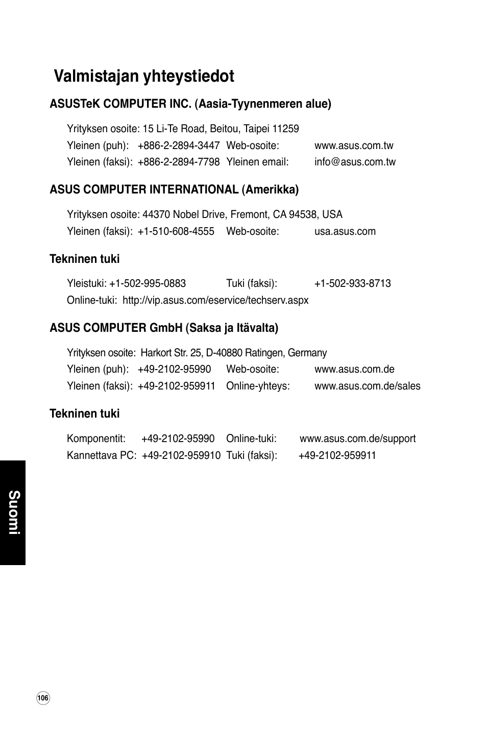 Valmistajan yhteystiedot, Suomi | Asus WL-600g User Manual | Page 107 / 417