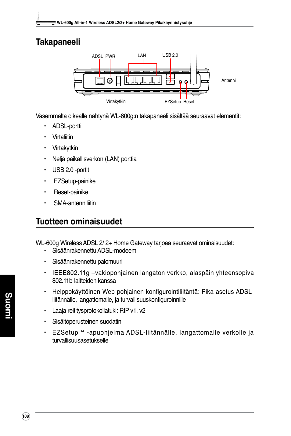 Suomi takapaneeli, Tuotteen ominaisuudet | Asus WL-600g User Manual | Page 109 / 417