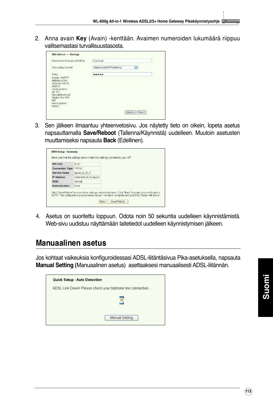 Suomi, Manuaalinen asetus | Asus WL-600g User Manual | Page 114 / 417