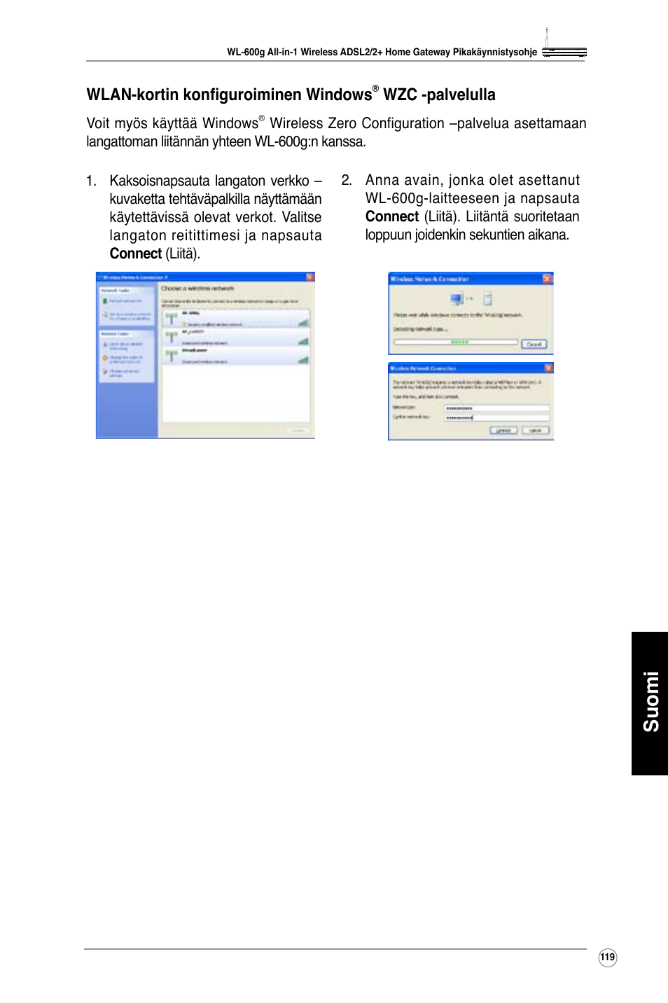 Suomi, Wlan-kortin konfiguroiminen windows, Wzc -palvelulla | Asus WL-600g User Manual | Page 120 / 417