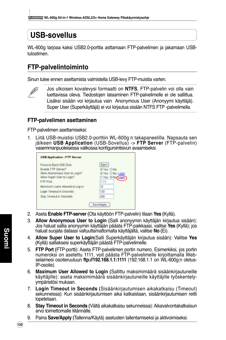 Usb-sovellus, Suomi, Ftp-palvelintoiminto | Asus WL-600g User Manual | Page 121 / 417