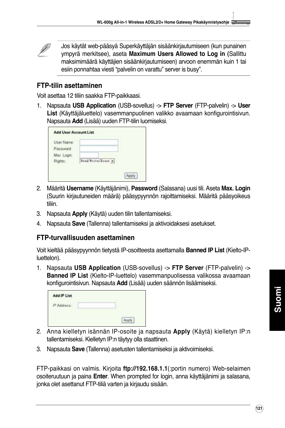 Suomi | Asus WL-600g User Manual | Page 122 / 417