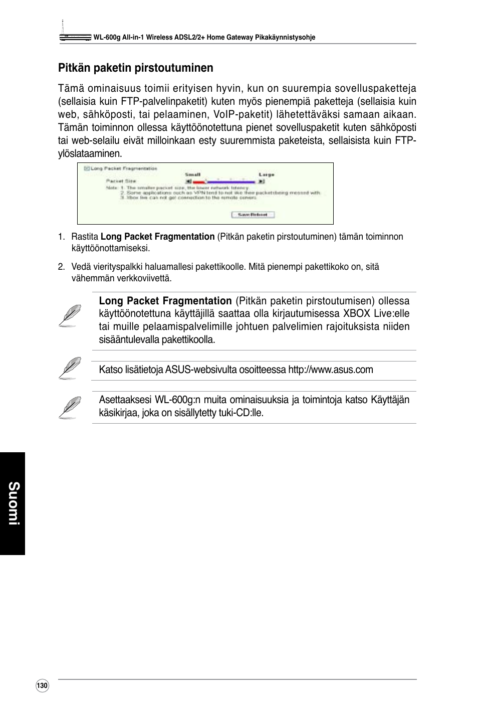 Suomi, Pitkän paketin pirstoutuminen | Asus WL-600g User Manual | Page 131 / 417