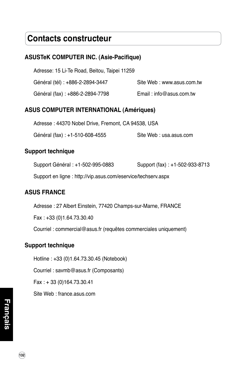 Contacts constructeur, Français | Asus WL-600g User Manual | Page 133 / 417