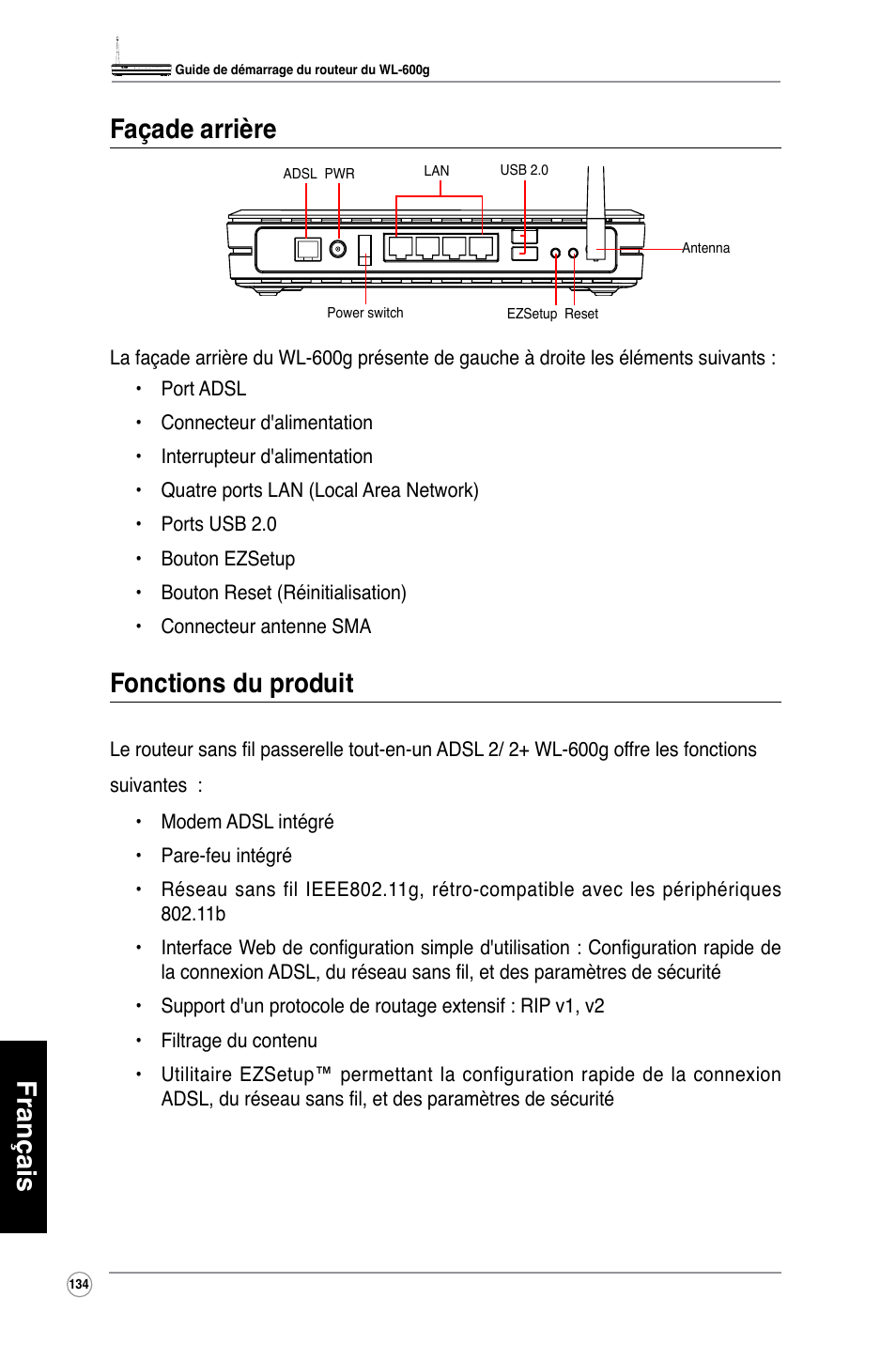 Français façade arrière, Fonctions du produit | Asus WL-600g User Manual | Page 135 / 417