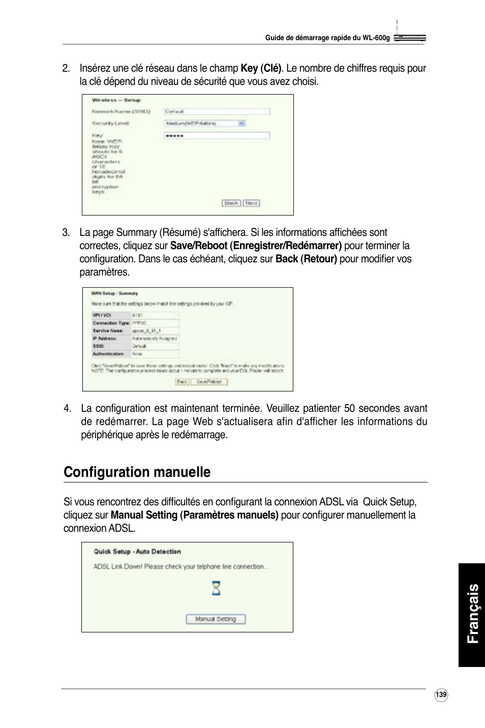 Français, Configuration manuelle | Asus WL-600g User Manual | Page 140 / 417