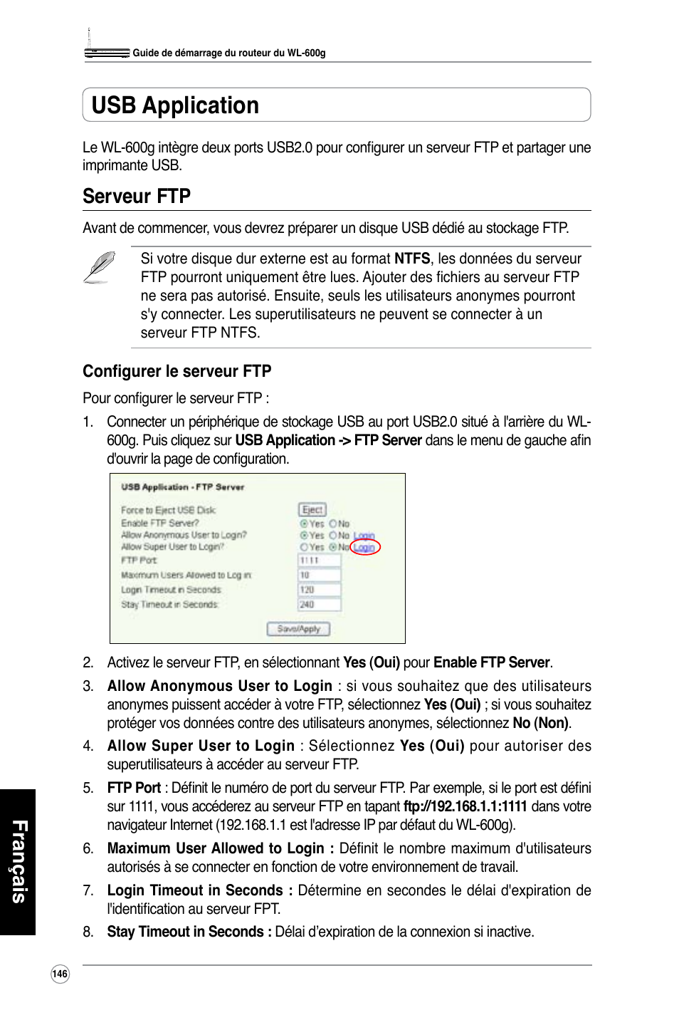 Usb application, Français, Serveur ftp | Asus WL-600g User Manual | Page 147 / 417