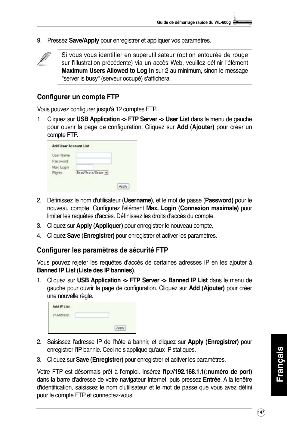 Français | Asus WL-600g User Manual | Page 148 / 417