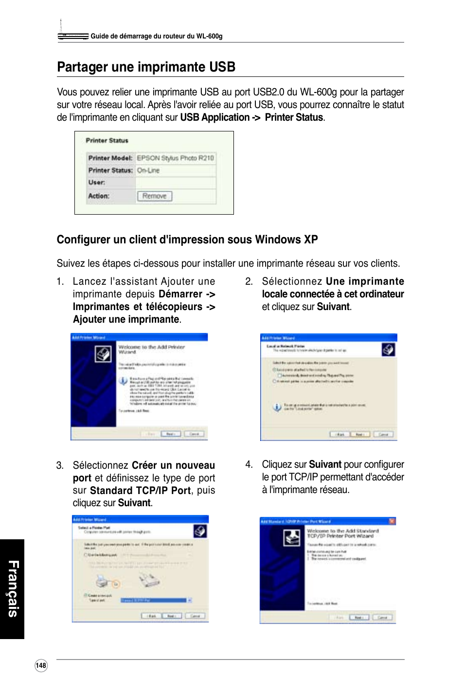 Français partager une imprimante usb | Asus WL-600g User Manual | Page 149 / 417