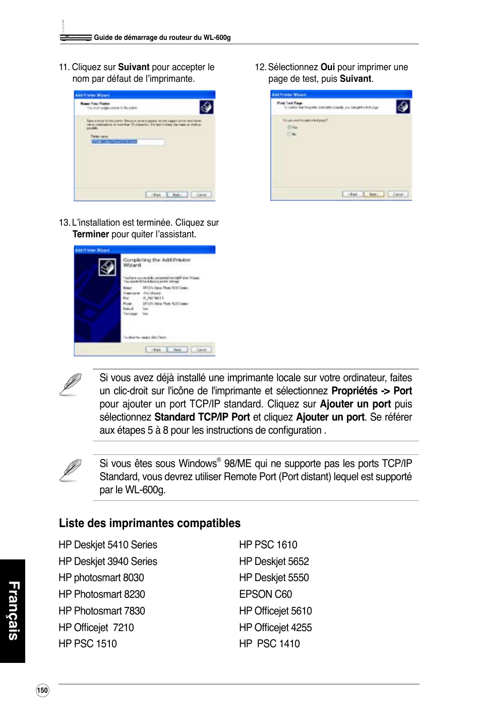 Français, Liste des imprimantes compatibles | Asus WL-600g User Manual | Page 151 / 417