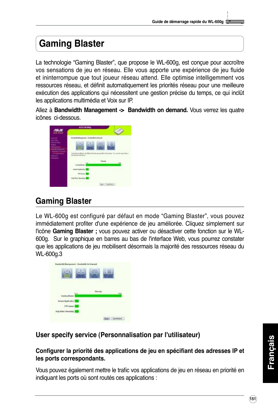 Français, Gaming blaster | Asus WL-600g User Manual | Page 152 / 417