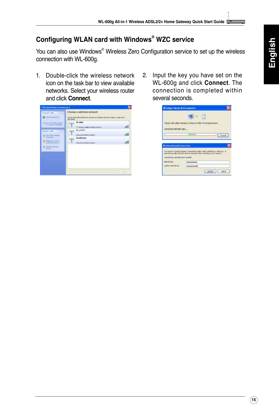 English, Configuring wlan card with windows, Wzc service | Asus WL-600g User Manual | Page 16 / 417