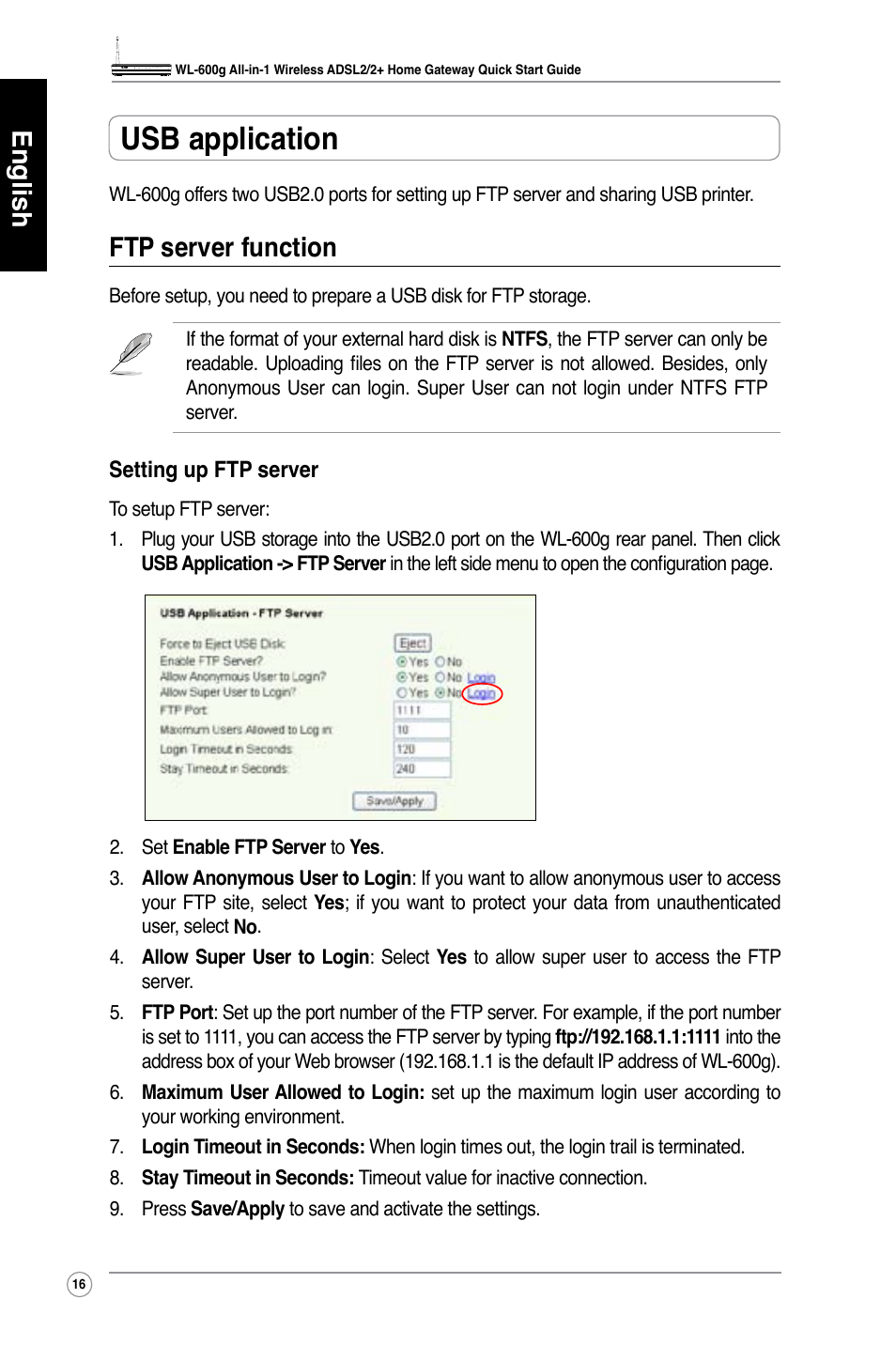 Usb application, English, Ftp server function | Asus WL-600g User Manual | Page 17 / 417