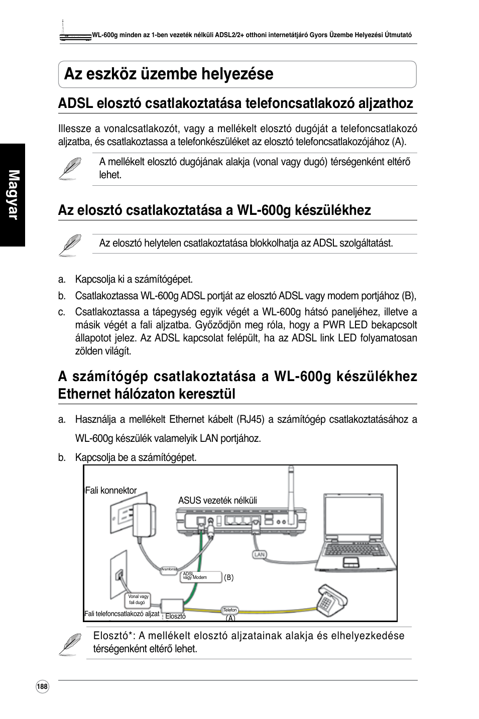 Az eszköz üzembe helyezése, Az elosztó csatlakoztatása a wl-600g készülékhez | Asus WL-600g User Manual | Page 189 / 417