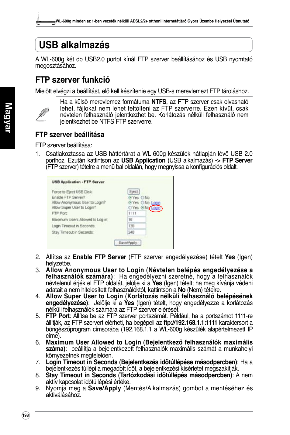 Usb alkalmazás, Magyar, Ftp szerver funkció | Asus WL-600g User Manual | Page 199 / 417