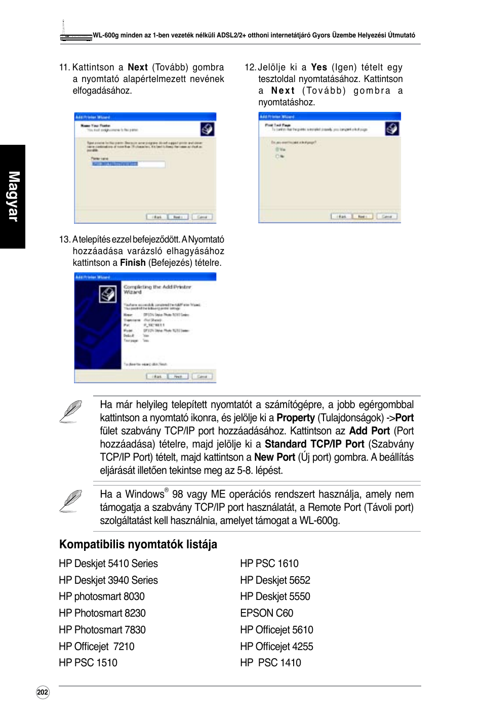 Magyar, Kompatibilis nyomtatók listája | Asus WL-600g User Manual | Page 203 / 417