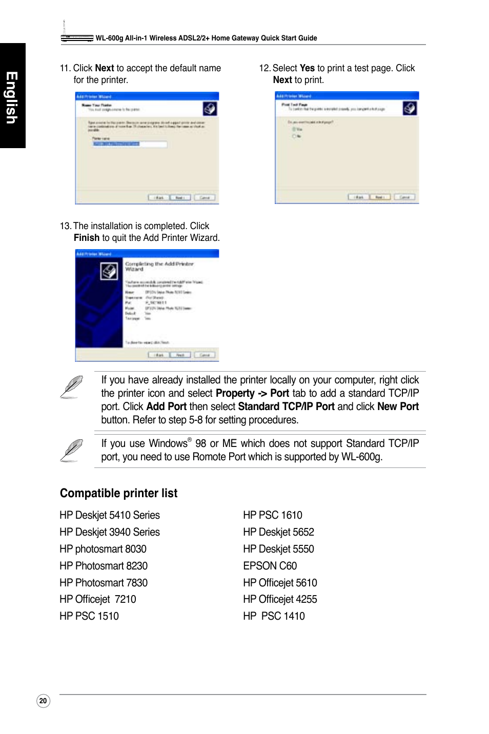 English, Compatible printer list | Asus WL-600g User Manual | Page 21 / 417