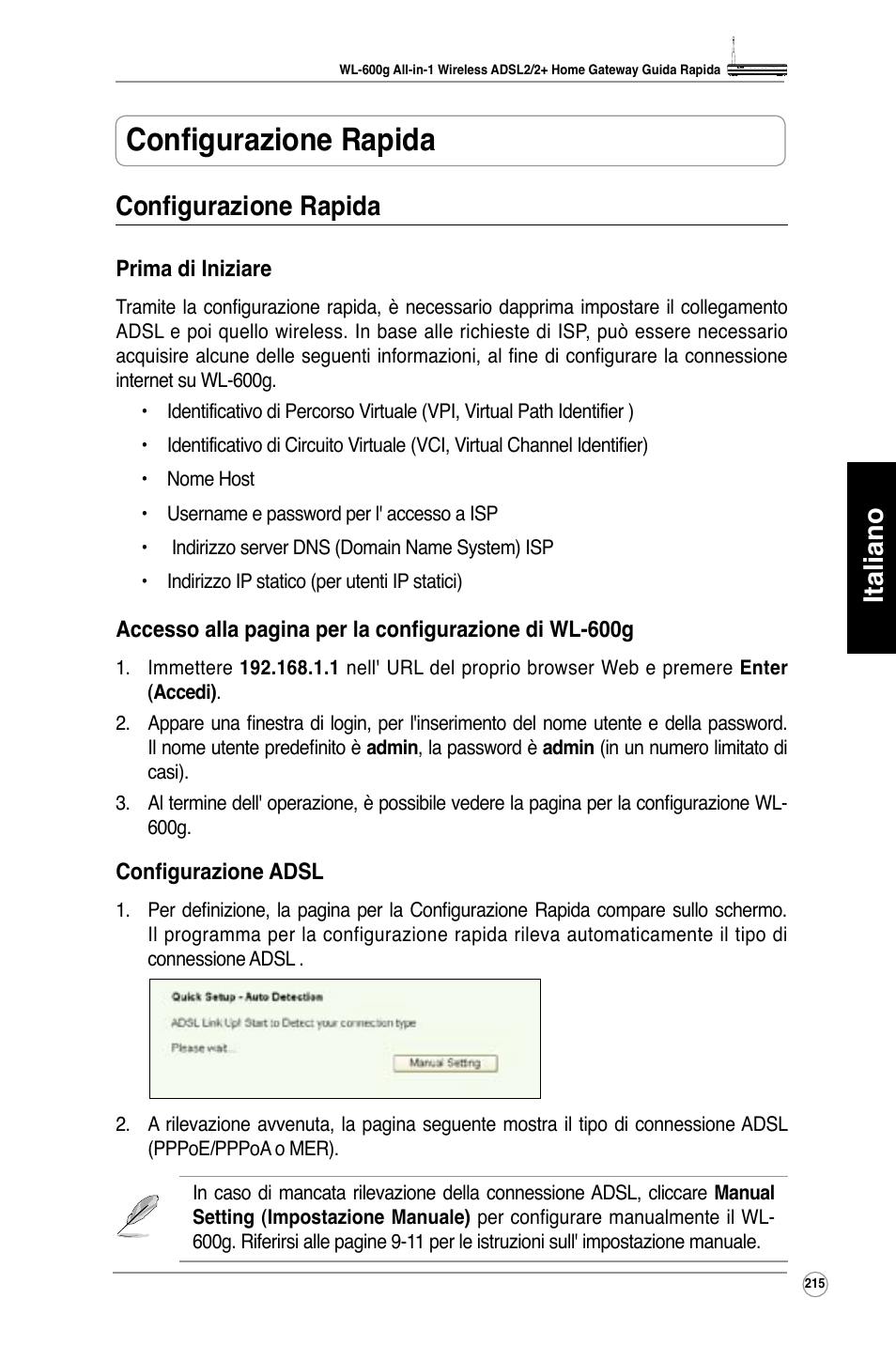 Configurazione rapida, Italiano configurazione rapida | Asus WL-600g User Manual | Page 216 / 417